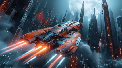 A sleek spaceship with glowing engines navigates between towering skyscrapers in a bustling sci-fi metropolis.