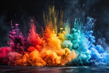 A high-speed capture of a colorful cloud ink explosion, showcasing a brilliant spectrum of rainbow hues against a dark background.