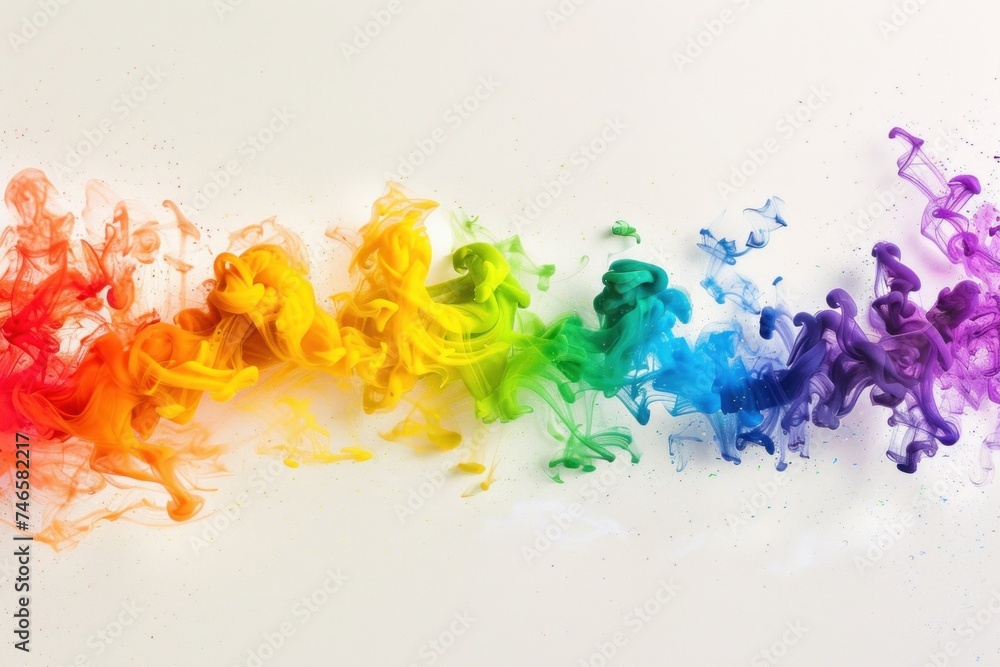 Poster a vibrant spectrum of colored smoke arcs elegantly against a warm, luminous backdrop, creating a dyn