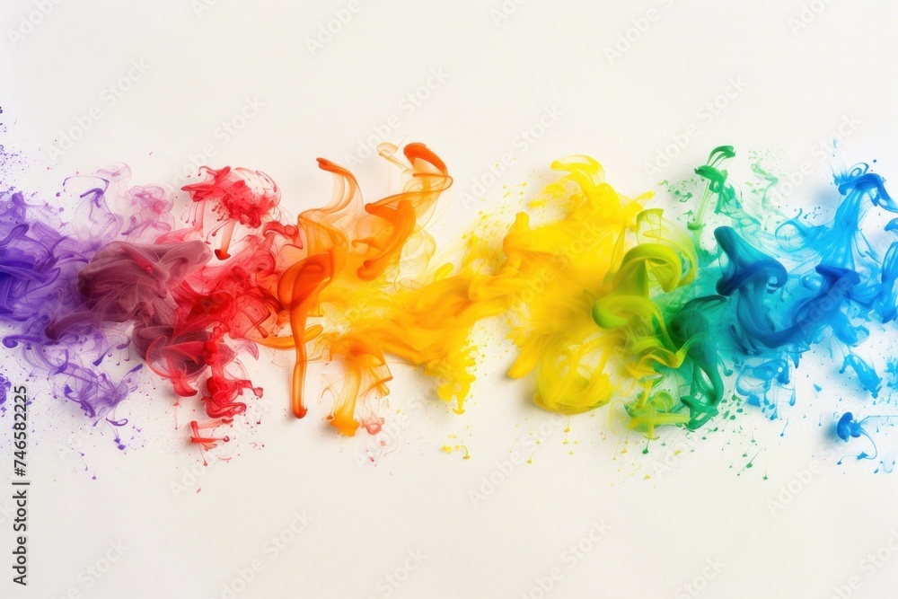 Poster a vibrant spectrum of colored smoke arcs elegantly against a warm, luminous backdrop, creating a dyn