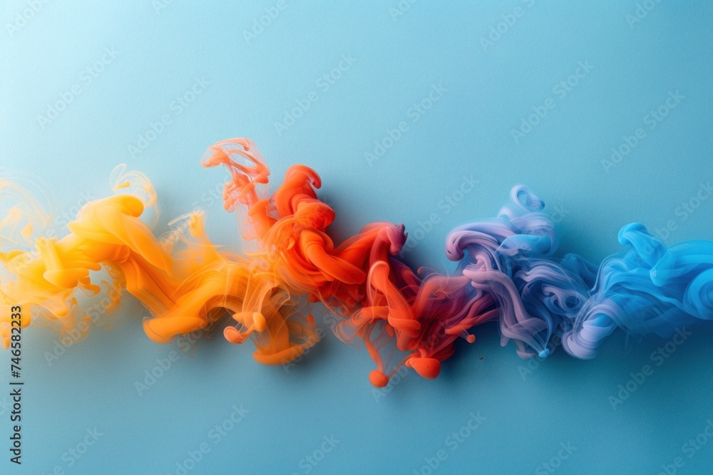 Poster a vibrant display of multicolored smoke clouds merging, creating a rainbow effect against a soft gra