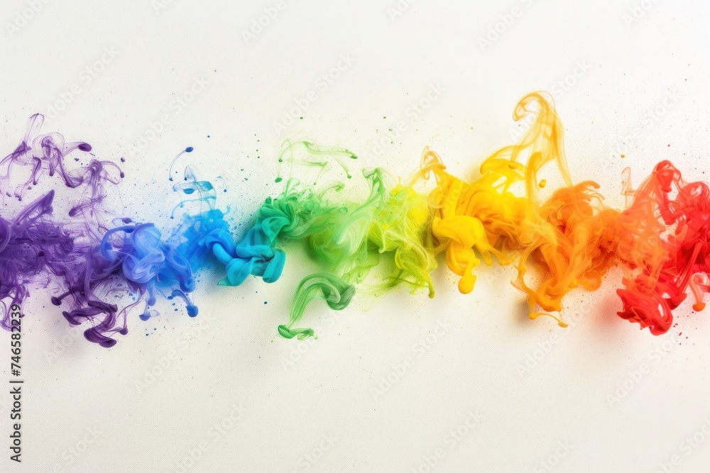 Poster a vibrant spectrum of colored smoke arcs elegantly against a warm, luminous backdrop, creating a dyn