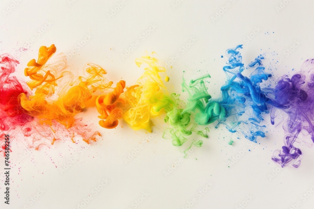 Poster a vibrant spectrum of colored smoke arcs elegantly against a warm, luminous backdrop, creating a dyn