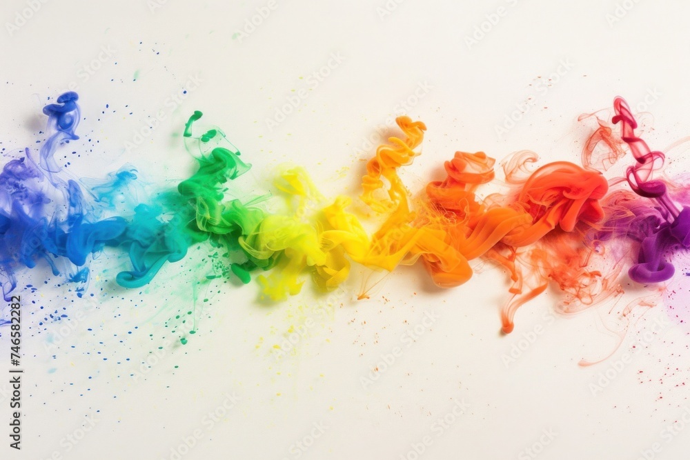 Poster a vibrant spectrum of colored smoke arcs elegantly against a warm, luminous backdrop, creating a dyn