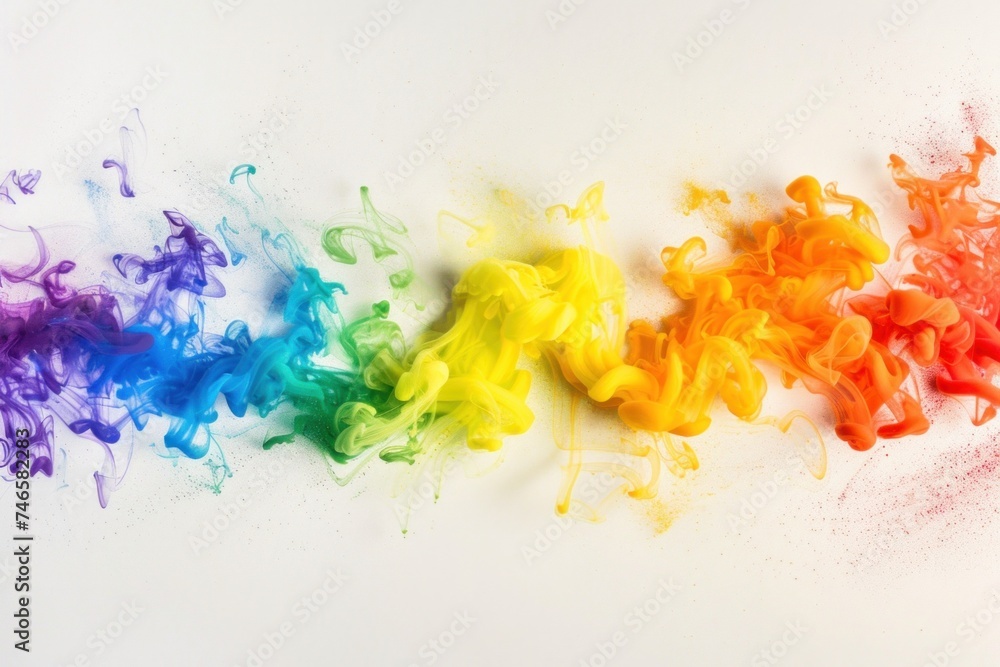 Poster a vibrant spectrum of colored smoke arcs elegantly against a warm, luminous backdrop, creating a dyn