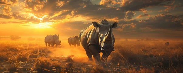 Fotobehang Majestic Rhinoceros Roaming the African Savannah: A Symbol of Power and Endangerment in the Wild. This Magnificent Creature © Thares2020
