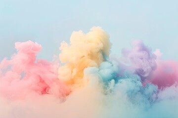A burst of multi-colored smoke creates a vibrant cloud against a soft, pastel background.