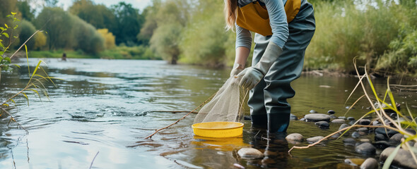 A female scientist takes a water sample to observe aquatic life in river, promoting research and environmental conservation. World Earth and Water Day - obrazy, fototapety, plakaty