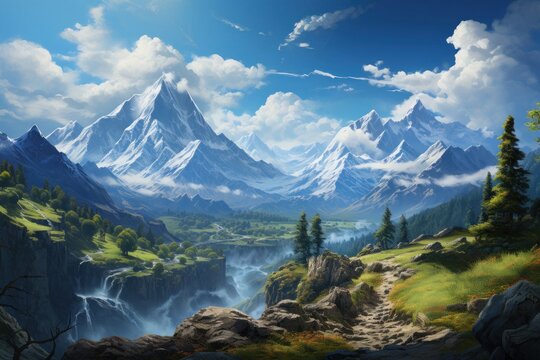 Painting of a Mountain Range With a River Generative AI