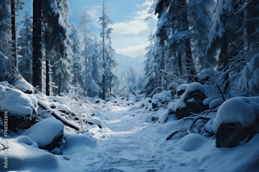 Aufkleber snow covered path in forest generative ai