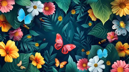 beautiful floral background panorama with colorful leaves and flowers, generative Ai