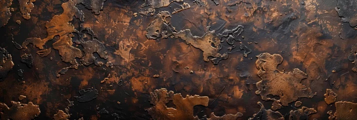 Rolgordijnen Abstract textured background with metallic gold and dark brown splashes on a rough surface. © Arunatic Studio