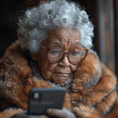Generative AI image of Think of a meme: a black old woman cynically comments on popular tweets - obrazy, fototapety, plakaty
