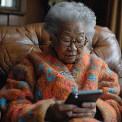 Generative AI image of Think of a meme: a black old woman cynically comments on popular tweets - obrazy, fototapety, plakaty