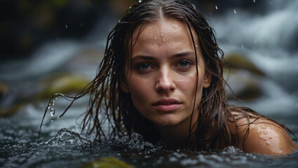 cute girl swims in the water near a waterfall, wet hair