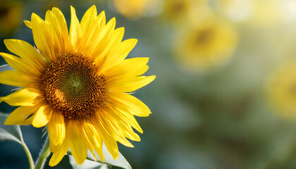 Horizontal banner with bright yellow sunflower on blurred background. Beautiful nature.