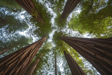 Generative AI image of United States, California, Low angle view of tall redwood trees growing in forest