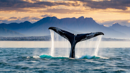 the tail of a whale that dives underwater in the ocean against the backdrop of mountains and sunset - obrazy, fototapety, plakaty