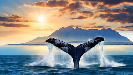 the tail of a whale that dives underwater in the ocean against the backdrop of mountains and sunset