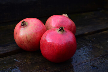 Granatapfel, drei Granatäpfel edel vor dunklem Hintergrund, rot, reif und frisch