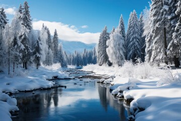 Fototapeta na wymiar River Flowing Through Snow-Covered Forest Generative AI
