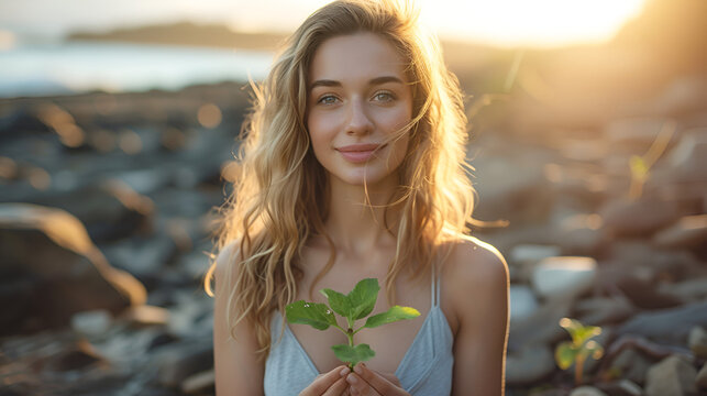 beautiful woman holding a young growing plant, generative Ai