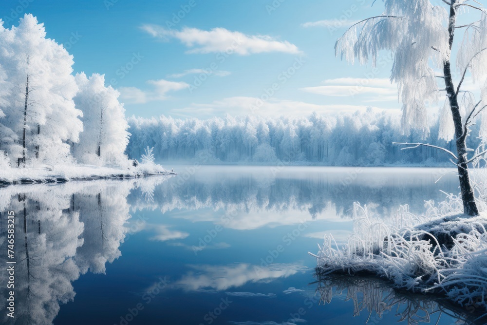 Poster painting of a lake with trees in the background generative ai