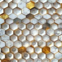 The 3D geometric pattern consists of hexagons in elegant white, gray and gold colors.