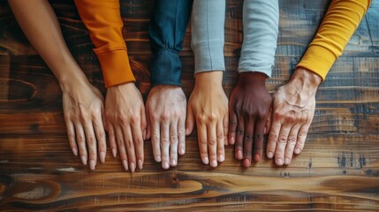 Diversity, people hands variety in a row, top view