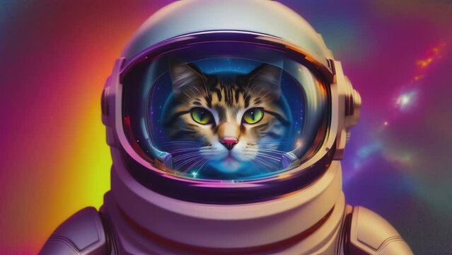 Cute cat or kitten in a spacesuit in space against the background of stars and planets. Cat in a spacesuit in colorful space