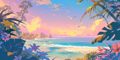 Fototapeta na wymiar A serene beach vista in a vintage with tropical foliage and frangipani flowers framing a tranquil sea and pastel sunset sky.