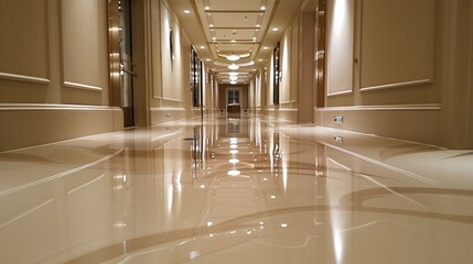 Obraz premium A pristine epoxy floor reflects the elegant lights and furnishings of a luxurious hotel hallway, enhancing the opulence of the setting