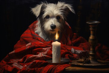a dog in a blanket with a candle