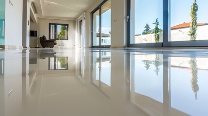 Modern apartment with shiny white epoxy floor and open plan design