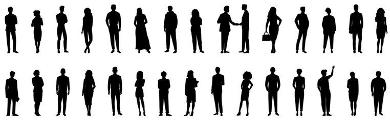 silhouettes of people working group of standing business people vector illustration on isolated white background - obrazy, fototapety, plakaty
