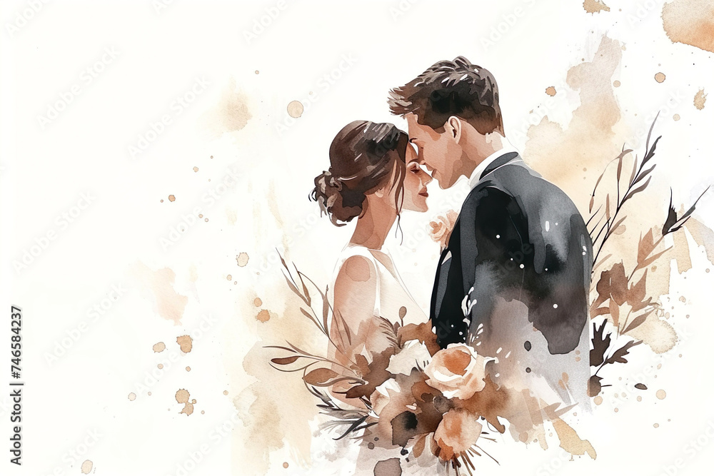 Wall mural profile silhouettes of man and woman. loving couple. wedding. watercolor greeting card