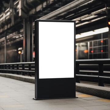 Blank black mupi billboard mockup on railway station background