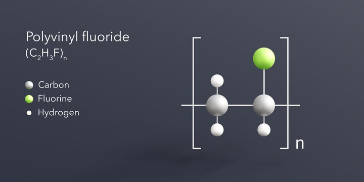 polyvinyl fluoride molecule 3d rendering, flat molecular structure with chemical formula and atoms color coding