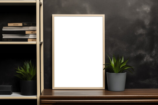 Empty wooden photo frame mockup with plant and bookshelf on table