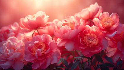 Pink peonies in garden on background with light and bokeh. Waiting for spring, floral banner. Greeting card, Valentines day, 8 march, Womens day, Mothers day, close up, toning