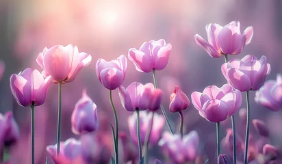 Fototapeten Lilac tulips in garden on flower background with light and bokeh. Waiting for spring, floral banner. Greeting card, Valentines day, 8 march, Womens day, Mothers day, close up © Julia's GraphicLand