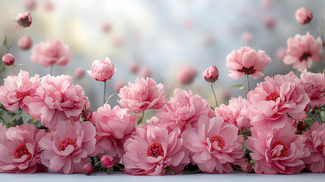 Beautiful pink peonies on flower background with light and bokeh. Waiting for spring, floral banner. Greeting card, Valentines day, 8 march, Womens day, Mothers day, close up