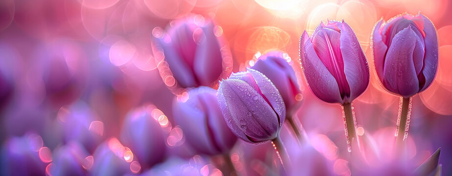 Lilac tulips in garden on flower background with light and bokeh. Waiting for spring, floral banner. Greeting card, Valentines day, 8 march, Womens day, Mothers day, close up