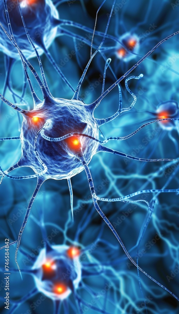 Poster detailed close up of human brain showing neurons firing and neural extensions in action