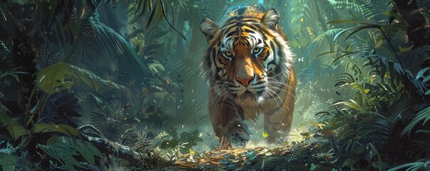 Unleashing the Majesty: A Tiger's Stare Pierces Through the Heart of the Jungle. With Its Striking Stripes and Powerful Presence - obrazy, fototapety, plakaty