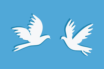 two white doves on blue sky background, simple papercut vector