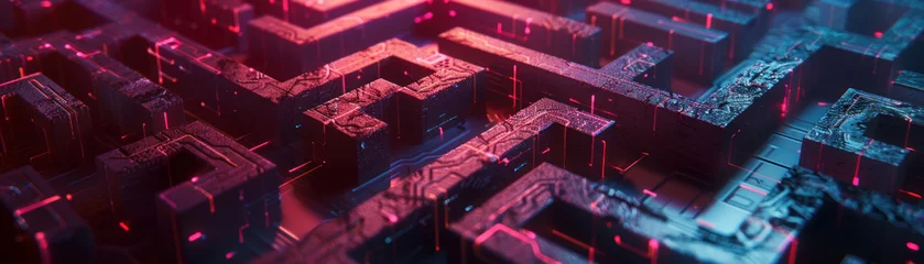 Fotobehang Dark hands navigate a 3D labyrinth of crypto symbols, illuminating paths through financial chaos © wasan