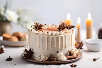 An HD image showcasing the intricate details of a spiced chai latte birthday cake, set against a clean white canvas, creating a warm and inviting visual.