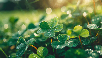 Fototapeta na wymiar Lush green clover leaves with dew droplets. St. Patrick's Day holiday