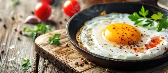 A fried egg is sizzling in a frying pan on a wooden cutting board. The egg white is firming up while the yolk remains runny, creating a delicious breakfast or brunch option.